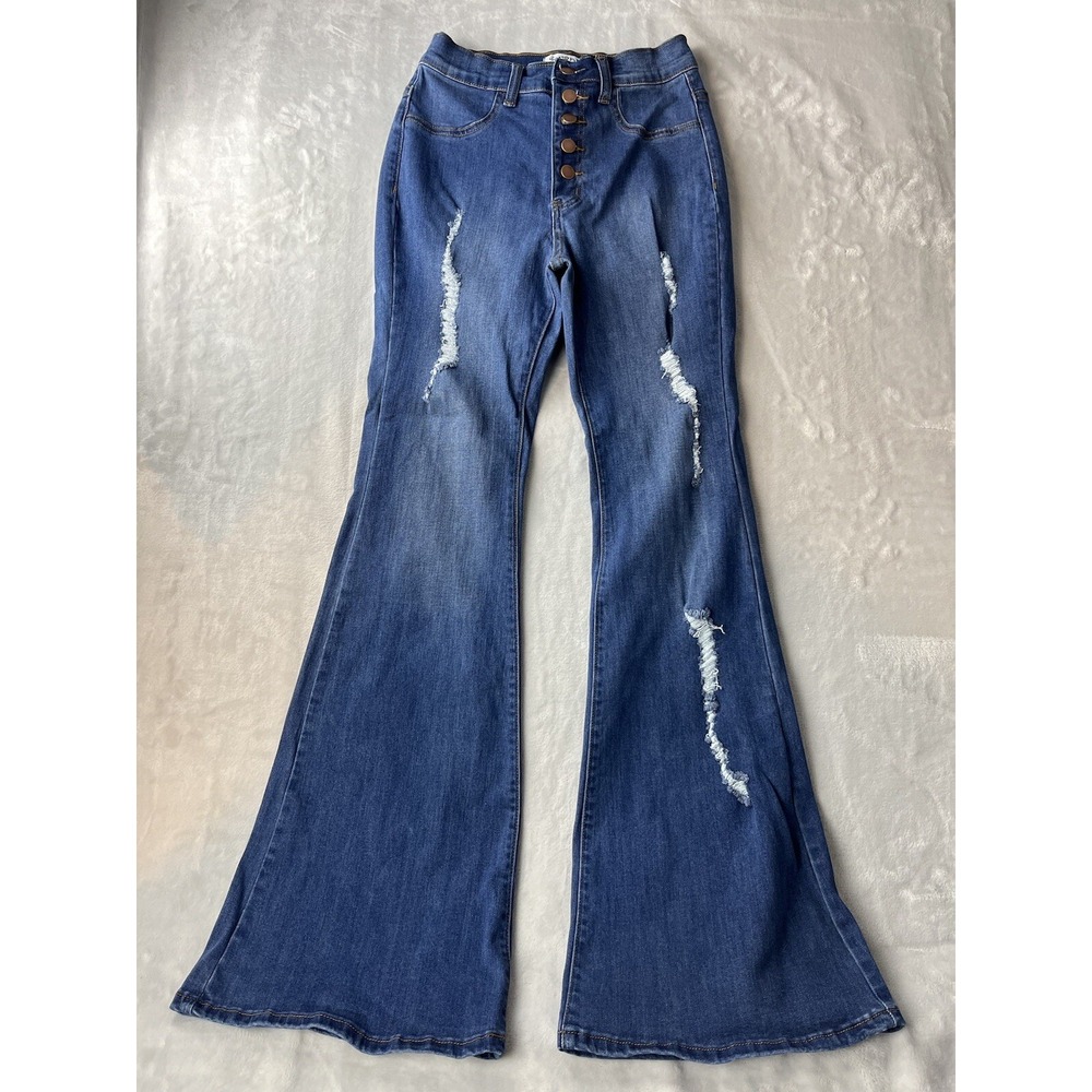 SWANK A POSH Jean Women Medium Blue Distressed Button Fly Bell Bottom M Exc
